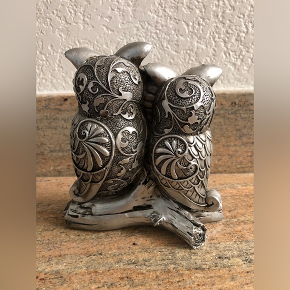 Silver Owls On Log with Red Gems Home Decor Figurine Statue 6" - Picture 4 of 9